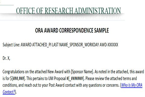 ora award correspondence sample